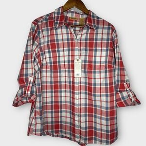 NWT Wrangler Red Plaid Button Up Long Roll Up Sleeves Cowgirl Country Western XL
